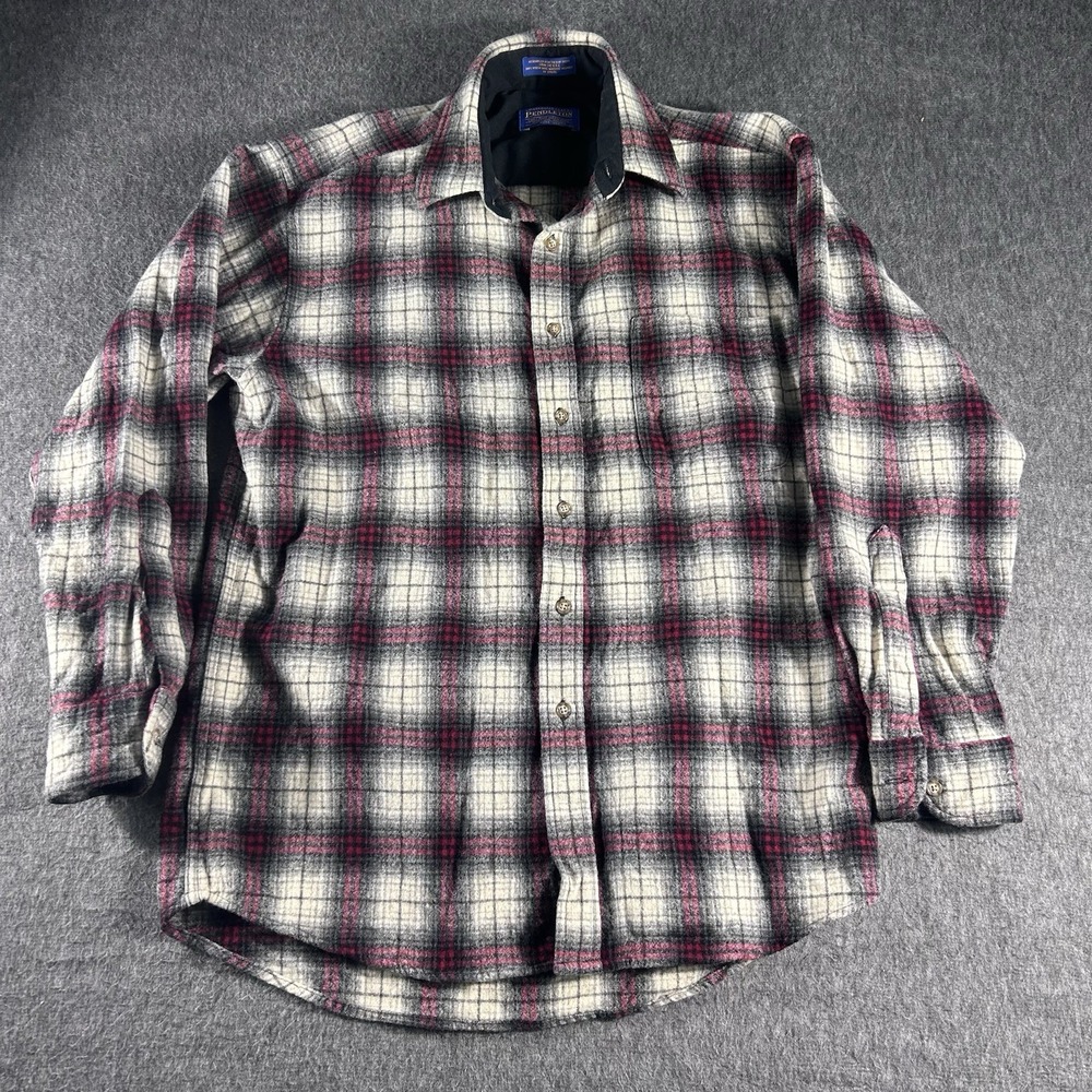 Pendleton Men's Sz M Button Front‎ Red Plaid Virgin Wool Flannel Shirt Outdoor